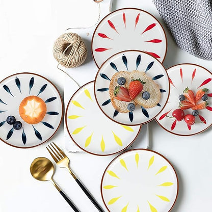 Aquiver 6'' Ceramic Dessert Plates - Color Painted Porcelain Appetizer Plates - Tea Party Small Serving Plates for Cake, Pie, Snacks, Ice Cream, Side Dish, Waffles - Set of 6 (3 Colors)