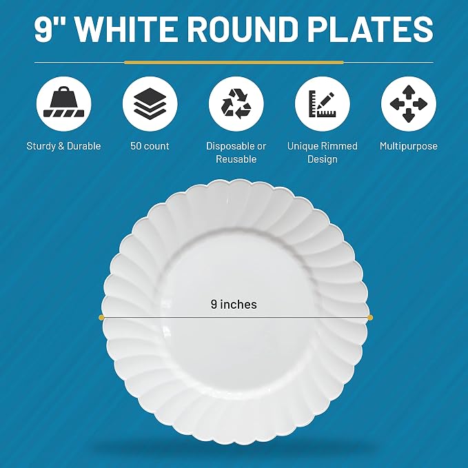 Premium Hard Plastic Round White Plates – 50 x 9” -Washable & Reusable - Image 5