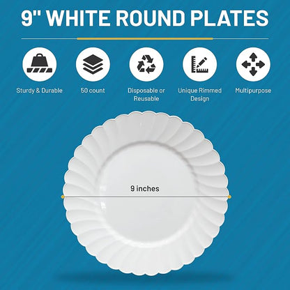 Premium Hard Plastic Round White Plates – 50 x 9” -Washable & Reusable - Image 5
