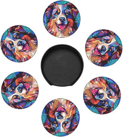 Australian Shepherd Stained Dog Breed Glass Art Leather Drinks Coasters - Image 2