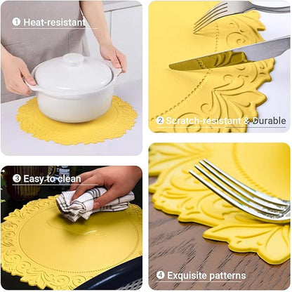 Noctiflorous Round Faux Leather 15 Inch Placemats Set of 4 Waterproof Wipeable Heat Resistant Tablemat for Dining Table Kitchen Non Slip Washable Oilproof Table Place Mat(Mango Yellow, 4)