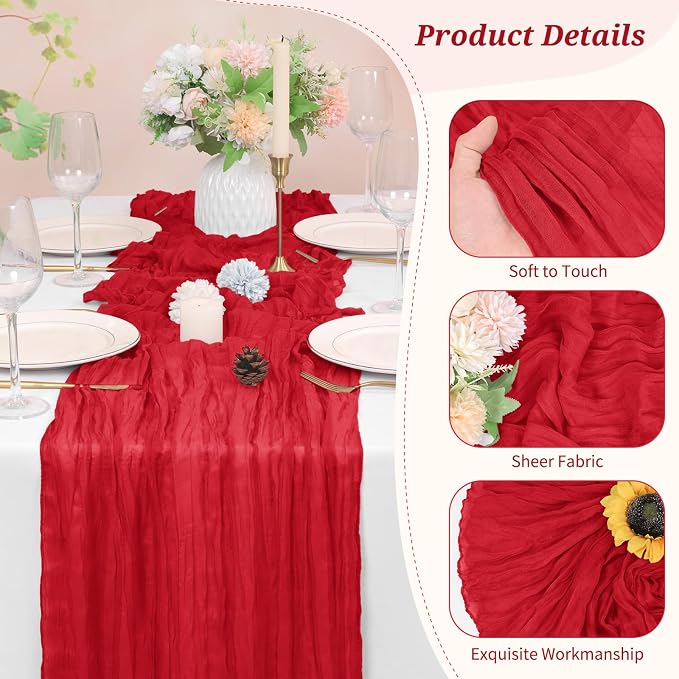 Pesonlook Cheesecloth Table Runner Red, 10 Pack 17.7x108 inch, Long | Rustic - Image 3