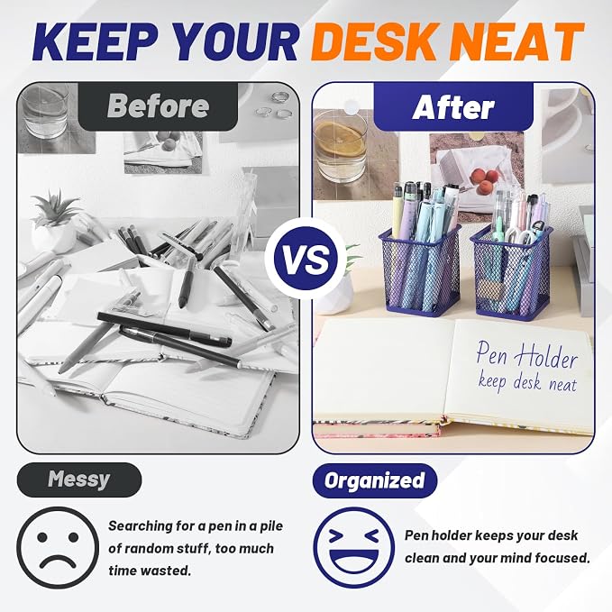 Segarty Pen Holder for Desk, 3 Pack Square Dark Blue Pen Cup Holder, Wire Mesh - Image 4