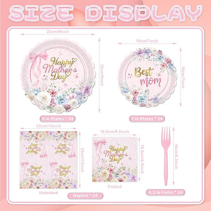 Gistome 96 Pieces Mother’s Day Floral Tableware Set – Pink Scalloped Disposable - Image 2
