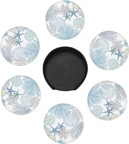 6 Pcs Sea Life Coral Starfish Print Blue Plant Leather Coasters - Image 7