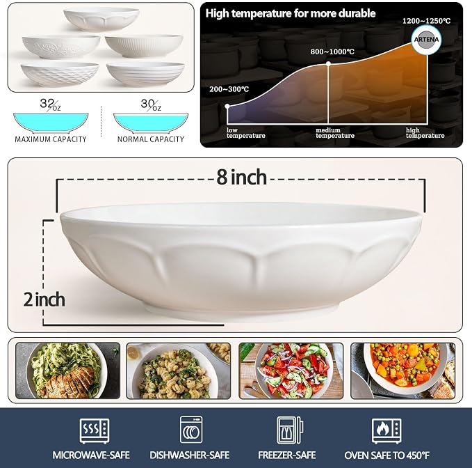 Pasta Bowls 32oz, Ceramic Large Salad Bowls 8 inch, Entertaining, Wide Shallow - Image 2