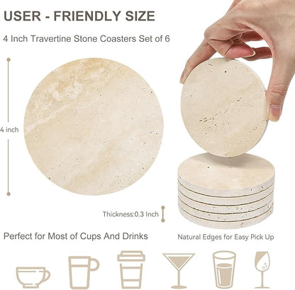 Italian Travertine Coasters Set of 6, Farmhouse Rustic Neutral Style Marble Drink Coasters for Coffee Table Decor, 4 Inch Round Porous Natural Stone Absorbent Coaster, Housewarming Gift