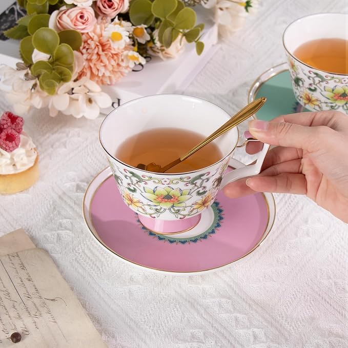 KAMMAK Ceramic Coffee Cups Saucers Set of 2, Porcelain Espresso Cups - Image 3