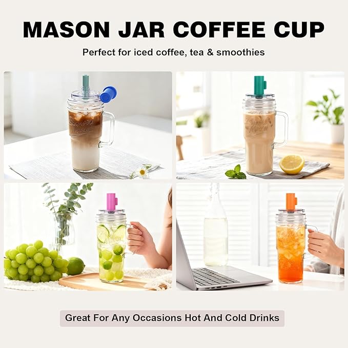 ANOTION Glass Tumbler With Handle Bamboo Mason Leakproof Mason Jar Cups with - Image 3