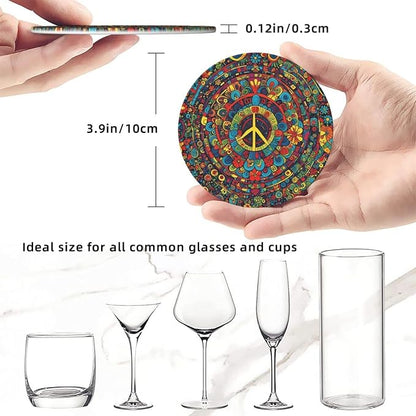 Drink Coasters with Holder Stand Set of 6, Hippies Peace Pu Leather Absorbent - Image 3