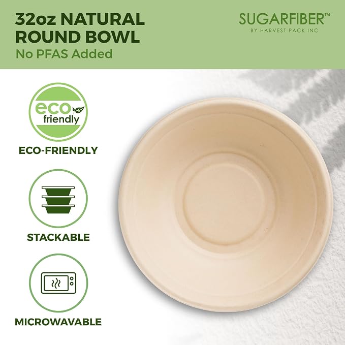 32oz Compostable Paper Bowls Disposable Round Natural Soup Bowls, Biodegradable - Image 3
