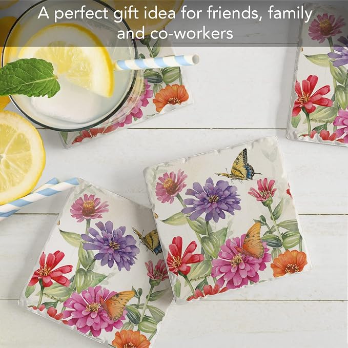 Thirstystone Zinnias & Butterflies 4 Pack Tumbled Tile Stone Coasters | 4" - Image 7
