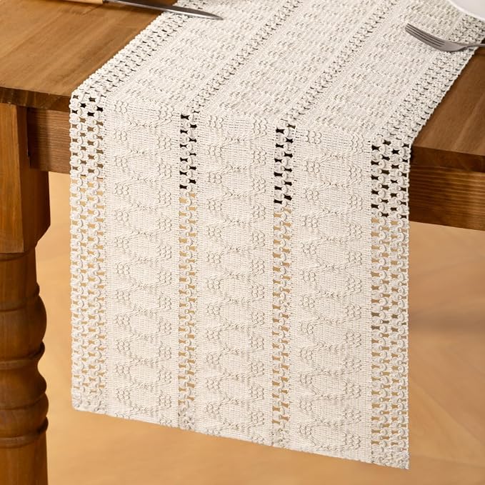 Ivory Boho Table Runner Farmhouse Macrame Woven Table Runner 12x72 Inch | Small - Image 4