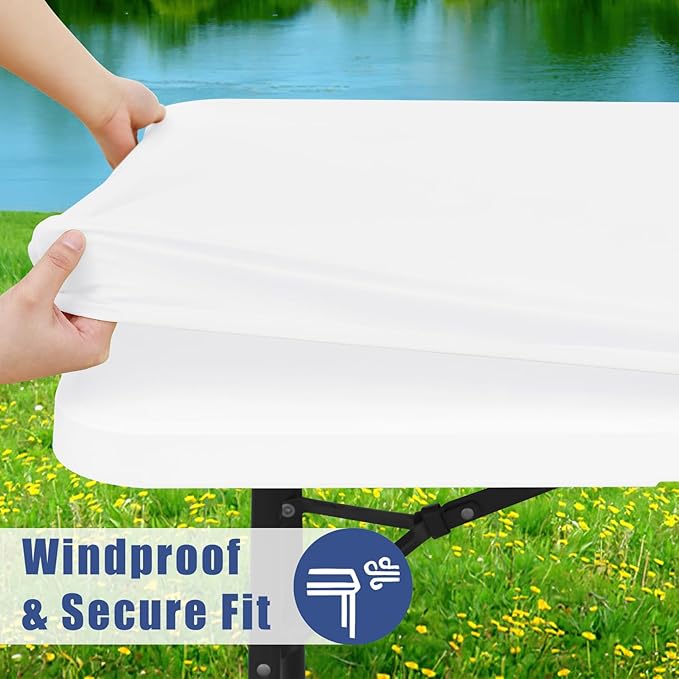 Spandex 8 Foot Rectangle Table Cloth 2 Pack, Elastic Fitted Tablecloths for Picnic, Stretch Washable Patio Table Cover for Outdoor, Camping, Banquet and Parties (White, 30"x96")
