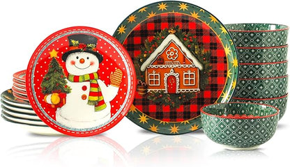 HASENSE 18 Pieces Dinnerware Sets Service for 6, Christmas Plates and Bowls Set, Ceramic Chip Resistant Tableware Dishes Set, Scratch Resistant Microwave and Dishwasher Safe, Multicolor