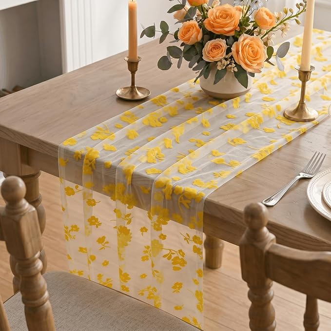 Artoid Mode White Gauze Flocking Yellow Flowers Table Runner 10FT, Spring Sheer - Image 5