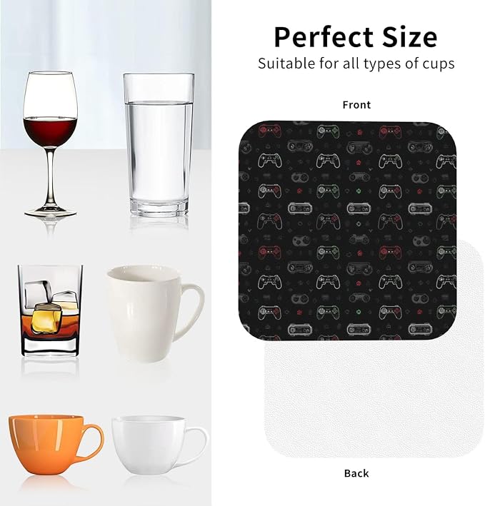 Retro Video Game for Leather Coasters Set of 4, Tabletop Protection Drink - Image 3