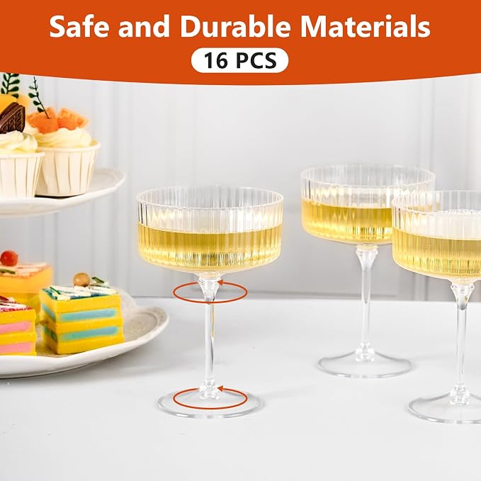 ZOMUIA Ribbed Coupe Glasses 16 Pcs, 10 oz Plastic Champagne Coupe Detachable - Image 8