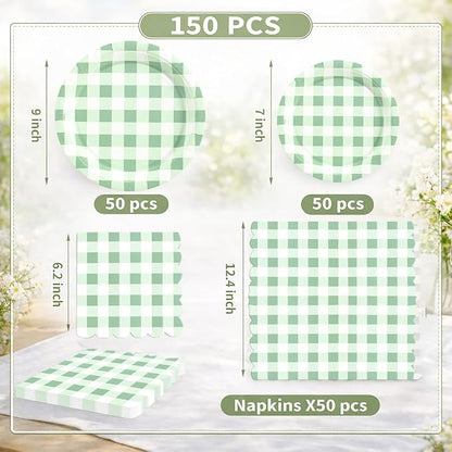 150PCS Sage Green Gingham Paper Plates and Napkins Serve 50 Guest Party | Green - Image 4
