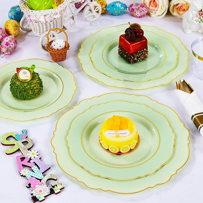 Liacere 350PCS Light Green Plates - Disposable Green and Gold Plastic Plates 50guest Baroque Dinnerware include 100Plates,50Pack Pre Rolled Napkins with Silverware 50Cups for Wedding ＆ Easter Day