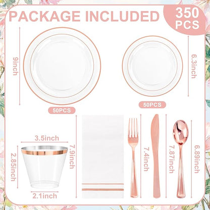 GATHER 350PCS Rose Gold Plastic Plates - Disposable Rose Gold Dinnerware Includes 100 Clear Rose Golds Rimmed Plastic Plates, 150 Silverware, 50 Napkins, 50 Cups for Party, Wedding, Valentine's Day