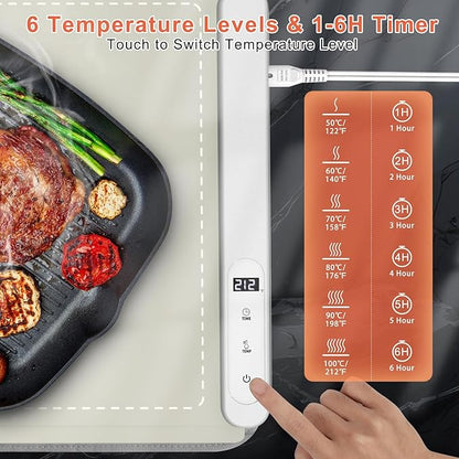 FYY Extra Large Warming Mat for Food with Heat Resistant Pad, Prevent Countertop Cracks, Keep Meal Warm, Rapid and Full Surface Heating, 6 Temp Settings, 6H Timer, Rollable Portable Food Warmer Khaki
