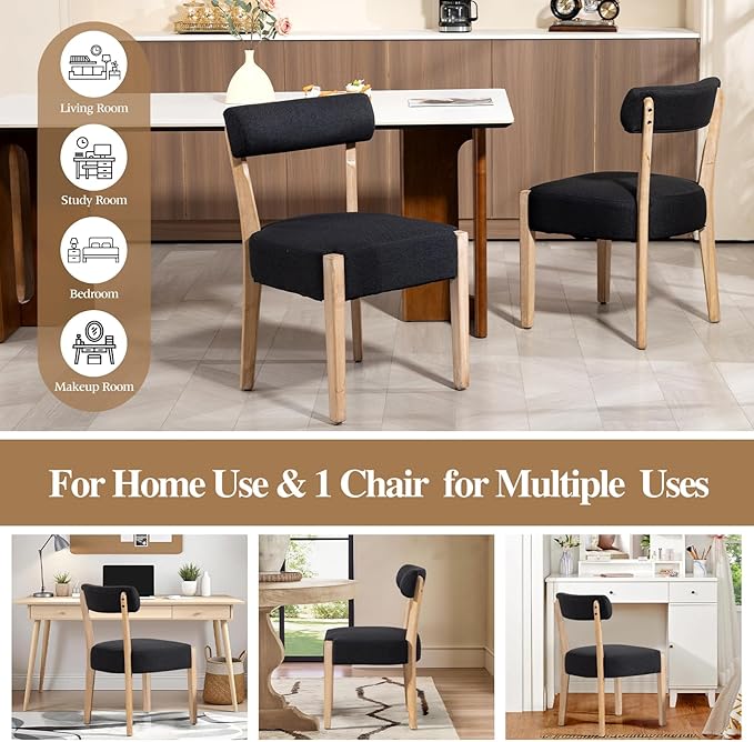Dining Chairs Set of 4, Mid-Century Modern Wooden Kitchen Chairs with Linen Upholstery - Low-Back Woven Design for Kitchen & Dining Room,Black Fabric
