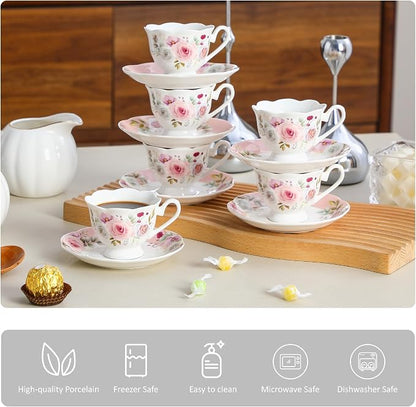 2.5oz Porcelain Demitasse Set of 6, 75ml Pink Espresso | Romantic pink floral - Image 3