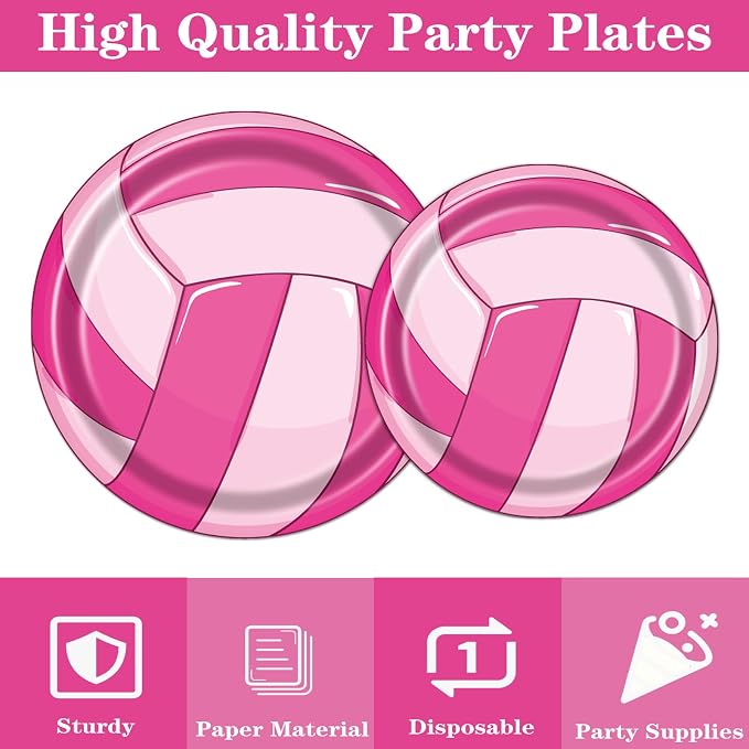 Rakuto Pink Volleyball Party Decorations 96PCS Plates Napkins Set | Pink - Image 4