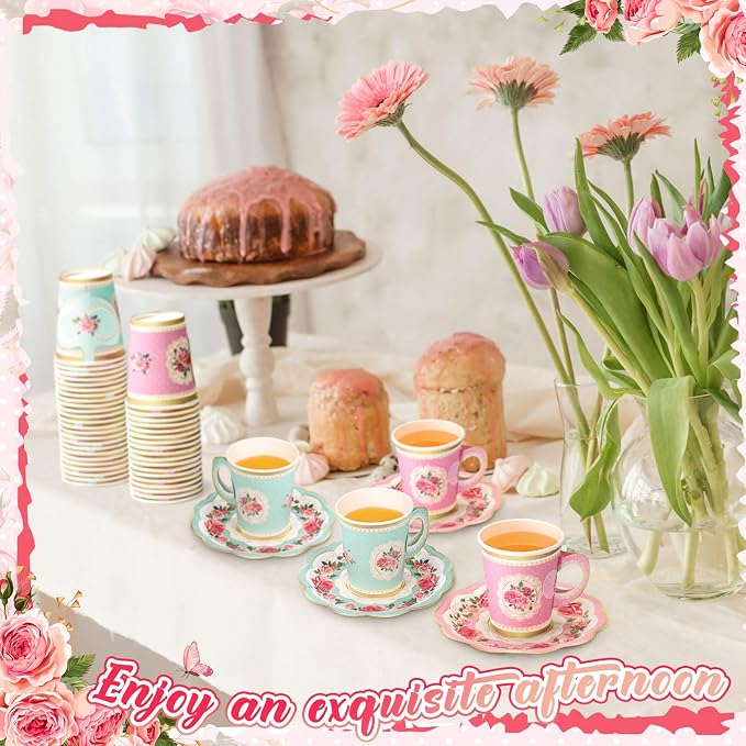 Tioncy 100 Pcs Tea Party Decorations Include 50 Pieces 9 oz Paper Tea Cups - Image 7