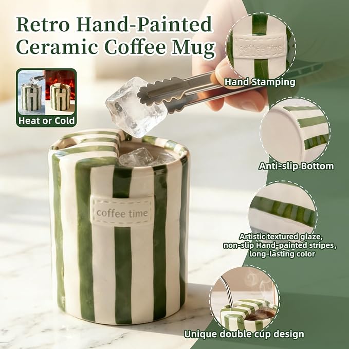 10oz Ceramic Coffee Mug with Sip Hole Hand-Painted Striped Ceramic Cup | Unique - Image 2