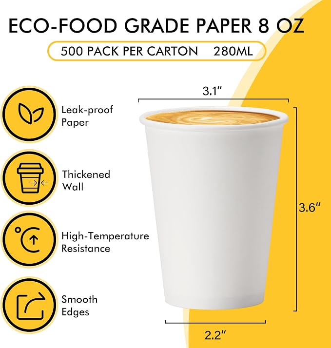 RACETOP 8 oz Disposable Coffee Cups 500 pack, Hot Coffee Cups | Hot/Cold Drinks - Image 2