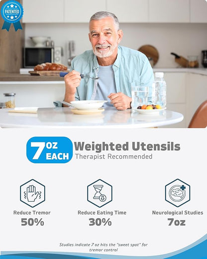 Adaptive Utensils (4-Piece Set) Weighted 7 oz - 42° Angled Utensils for Parkinson's Patients, Hand Tremors, Arthritis & Elderly - Eating Utensils for Elderly (Blue: Right Handed)