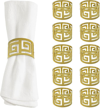 Shiny Gold Napkin Rings Set of 12, Greek Key Round, Modern Cuff Design - Image 2