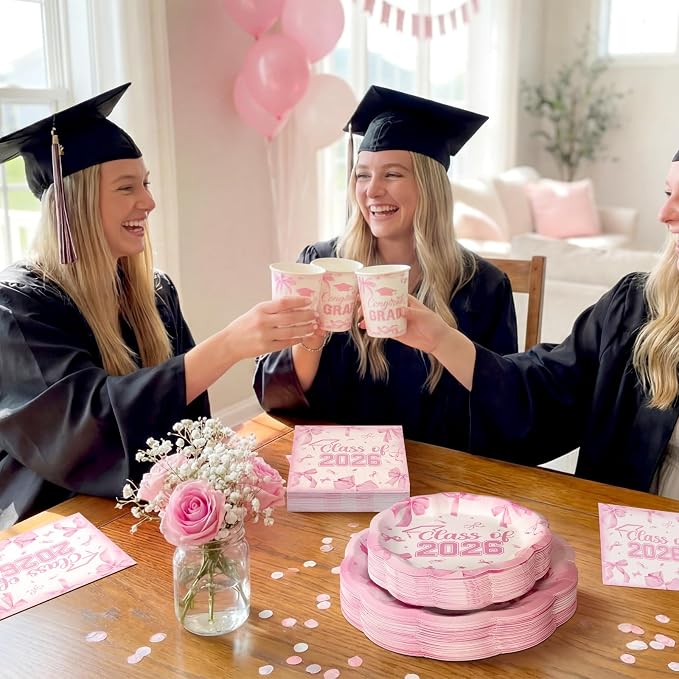 250 Pcs Pink Bow Graduation Disposable Paper Plate Napkins | Congrats Grad - Image 6