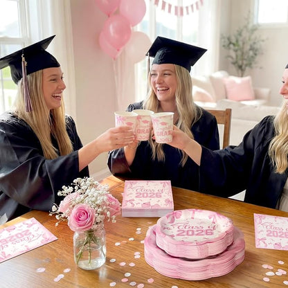 250 Pcs Pink Bow Graduation Disposable Paper Plate Napkins | Congrats Grad - Image 6