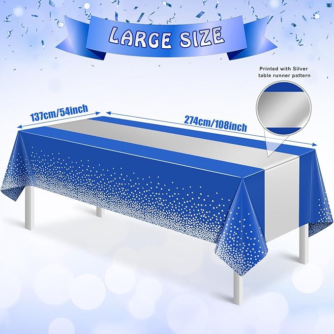 6Pcs Blue and Silver Tablecloth Party Decorations, Plastic Royal Blue Table - Image 2