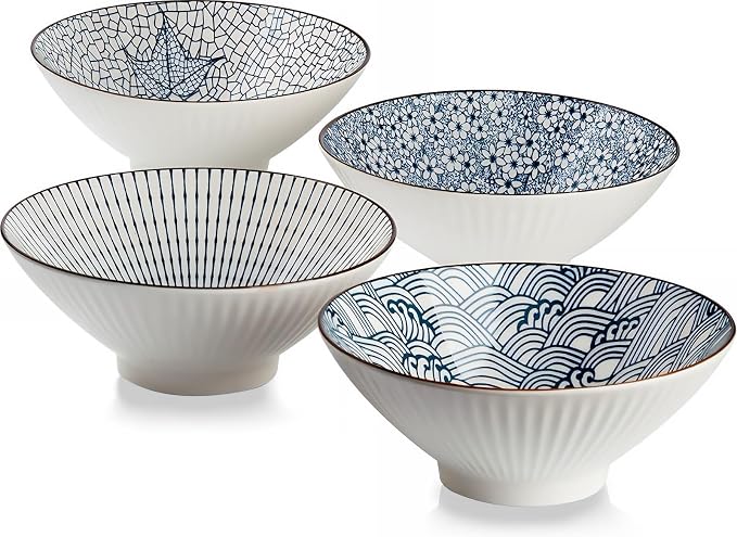 QINLANG 38 oz Japanese Ramen Bowls, Ceramic Set of 4 by QINLANG