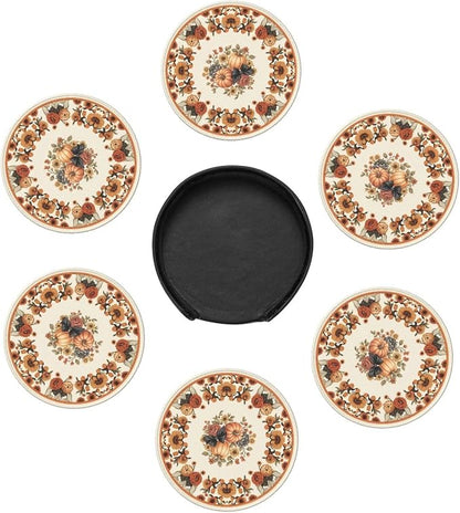 Sunflowers with Pumpkins Leather Coasters Set of 6 with Holders - Image 5