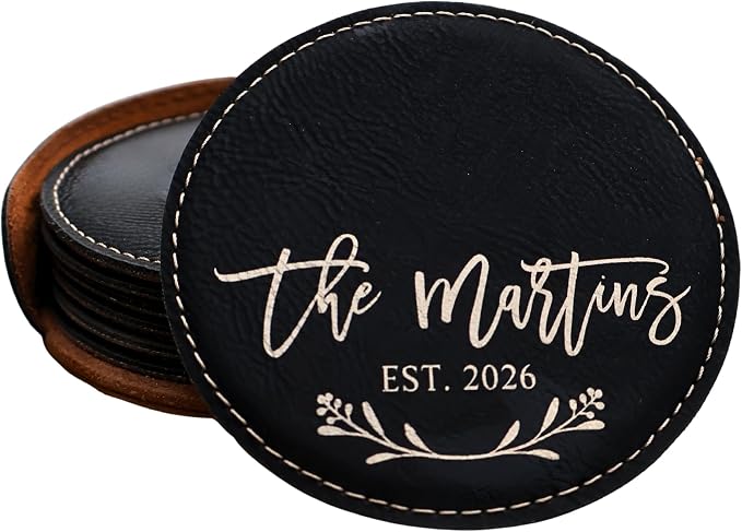 Custom Round Engraved Coasters, Personalized Leather Coaster, Laser Engraved by Obsidian+Home+Creations
