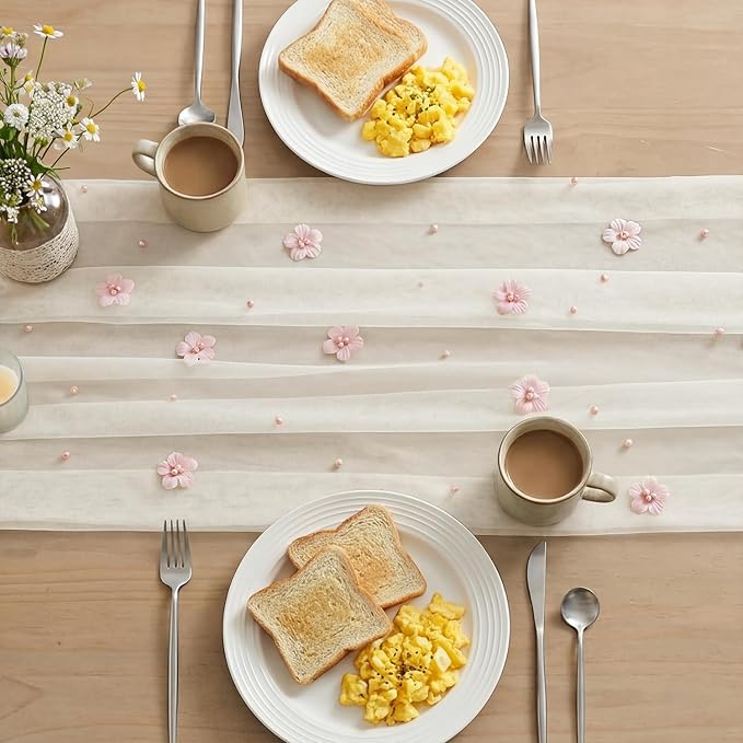 Artoid Mode Yellow Flower Pearl White Gauze Table Runner 10FT 3PC, Seasonal - Image 4