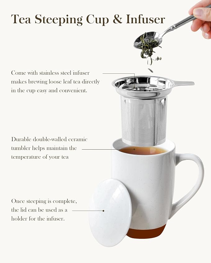 MALACASA Ceramic Tea Mug with Lid and Stainless Steel Infuser, 18 oz Large Tea - Image 5