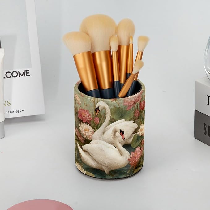 White Swan and Vintage Flowers Leather Pen Holder - Image 6