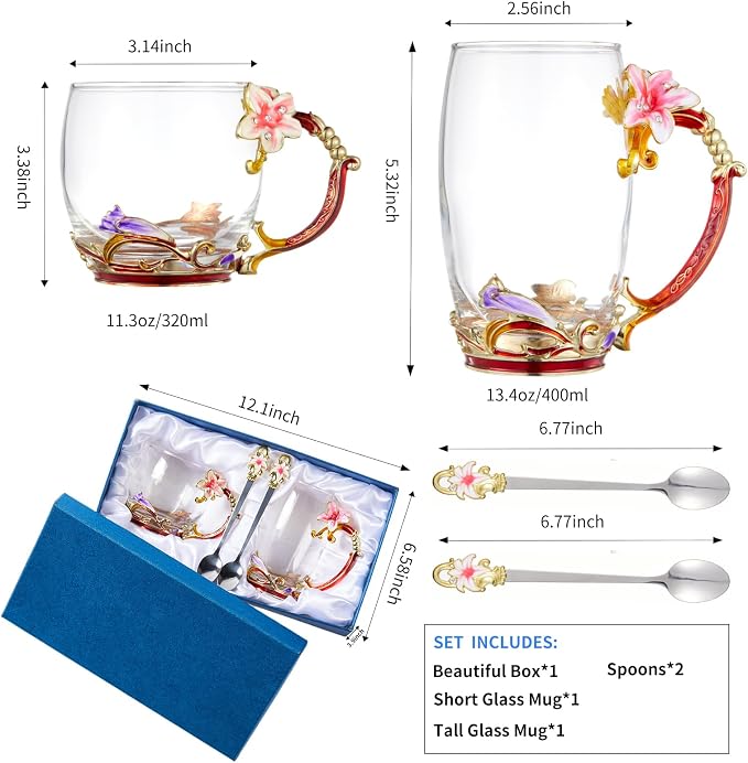 Tea Cup Glass Coffee Mugs, Fancy Cup Set Birthday Christmas Valentine's Day - Image 2