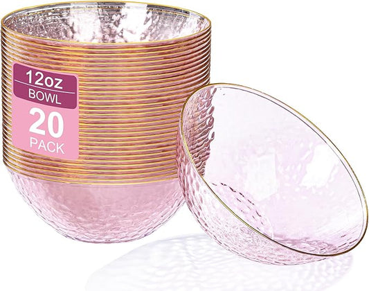 Rubtlamp 20 Pack Clear Pink Disposable Bowls, Pink Plastic Bowls with Gold Rim, 12-16oz Premium Heavy Duty Plastic Dinner Bowls for Party, Wedding and Holiday