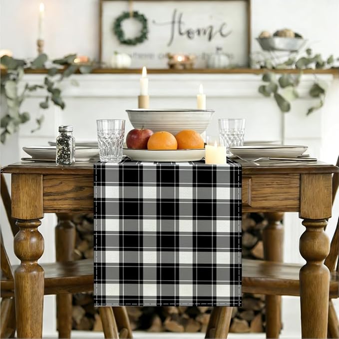 Black and White Gingham Table Runner, Buffalo Plaid Check Table Cloth Decor | - Image 3