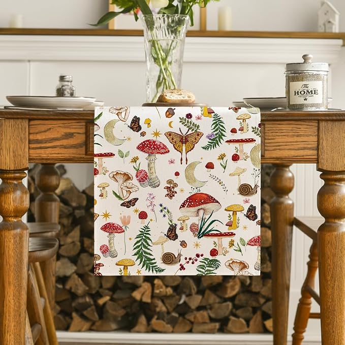 Artoid Mode Beige Modern Mushroom Table Runner, Seasonal Botanic Farmhouse - Image 2