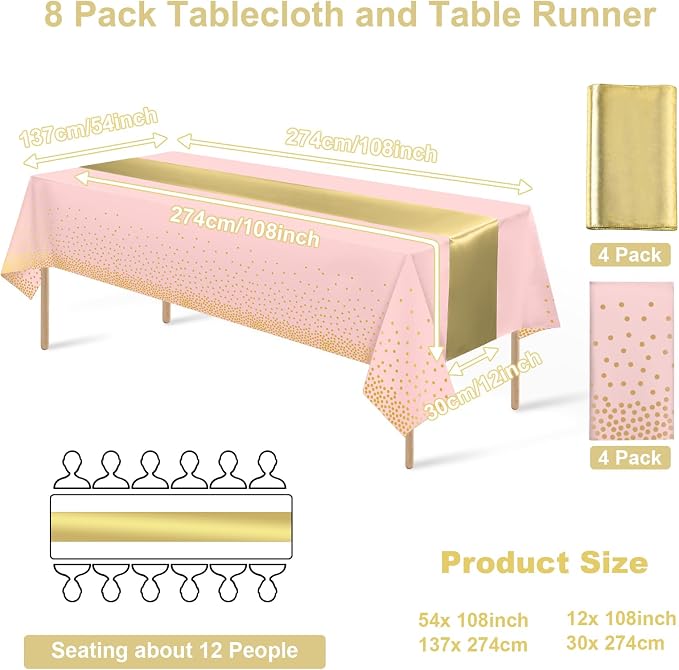 8Pack Disposable Plastic Tablecloths and Satin Table Runner Set Pink and Gold - Image 2