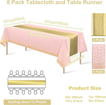 8Pack Disposable Plastic Tablecloths and Satin Table Runner Set Pink and Gold - Image 2
