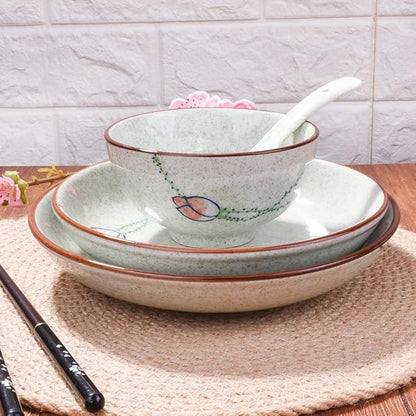 4-Piece Ceramic Dinnerware Set, Plate, Dish, Bowl, Spoon, Japanese Hand-painted Tableware set, A Good Tableware